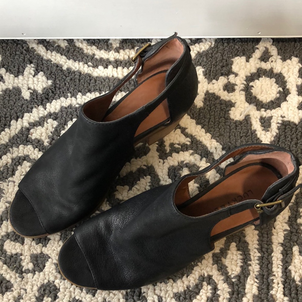 Lucky Brand black open toe ankle boots. Size 9   2 1/2 “ heels.